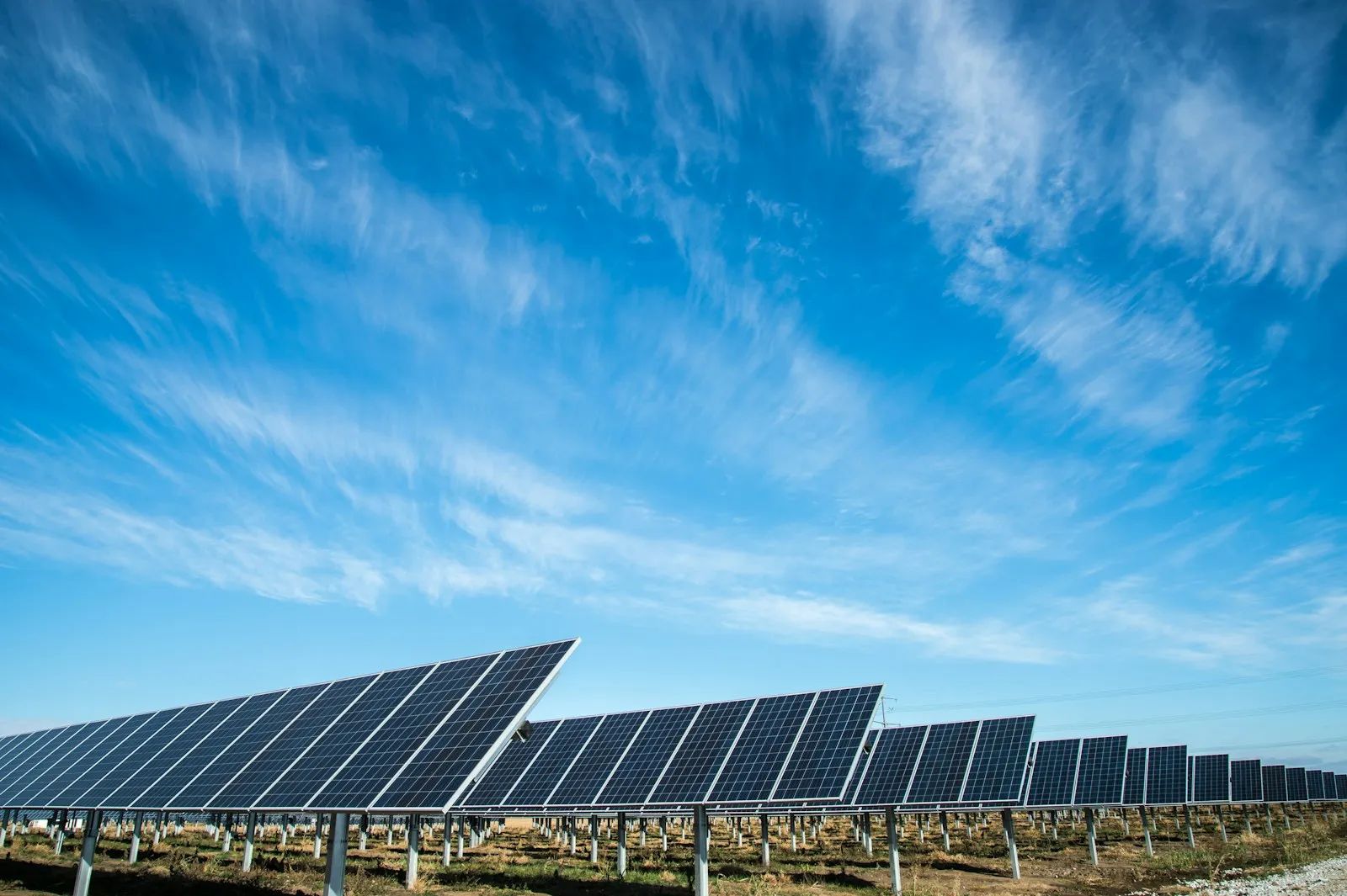 Rows of solar panels under a bright blue sky